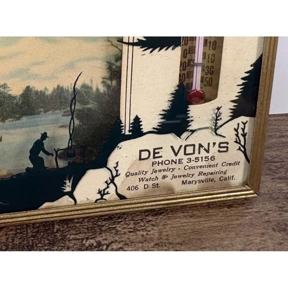 Vtg Advertising Thermometer Reverse Painted Scene De Von's Jewelry California